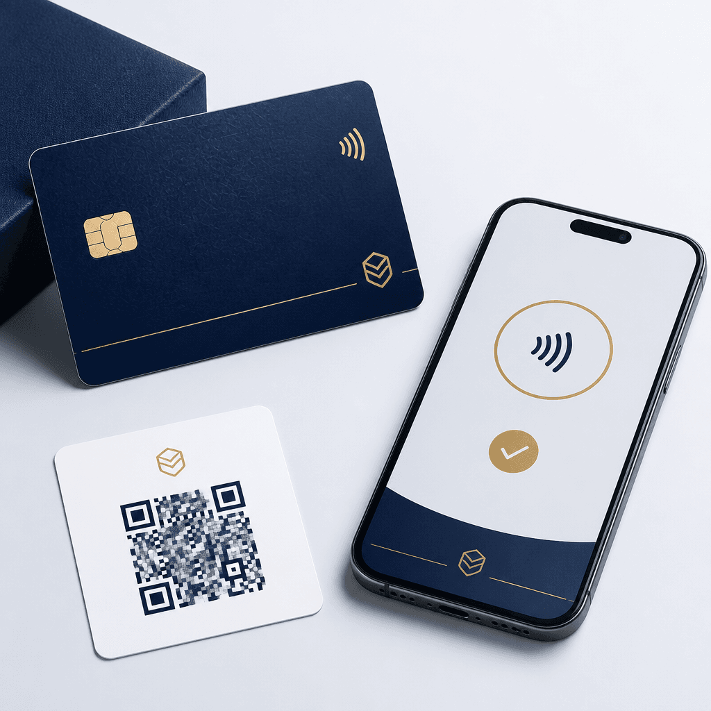 A phone tapping an NFC tip card next to a QR tip card
